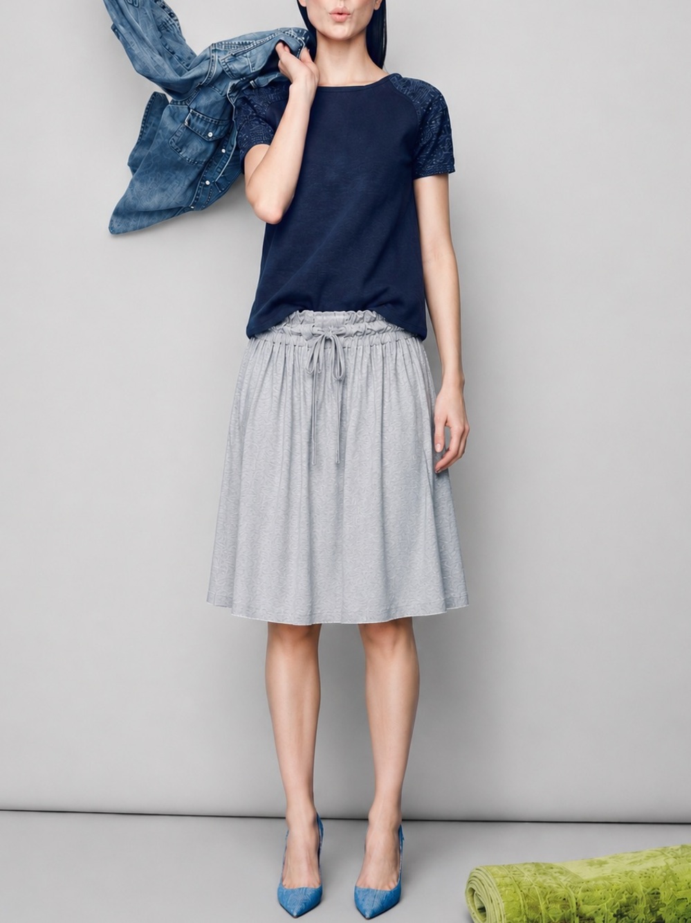 Light Gray Ruffled Waist Midi Skirt (0075) - Picture 1 of 4